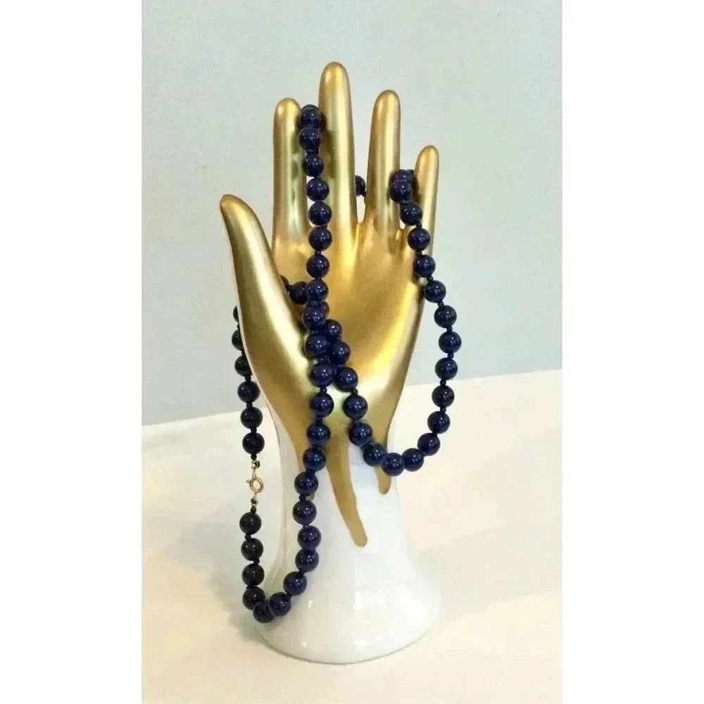 Vintage Womens Blue Gold Clasp‎ Single Strand Round Long Beaded Necklace Jewelry